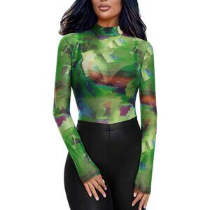 Women Green Long Sleeve Mock Neck Fitted Sexy See Through Mesh Going Out Tops
